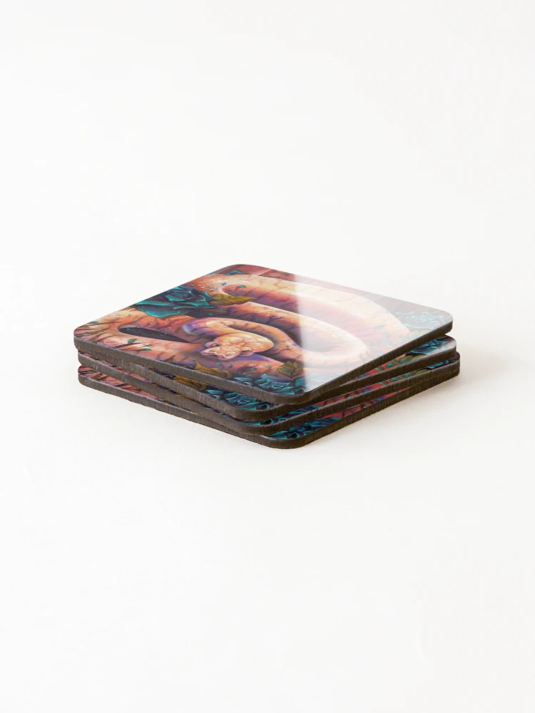 Thumbnail 4 of 5, Coasters (Set of 4), Beautiful Ball Python Snake with Roses designed and sold by CassWArt.