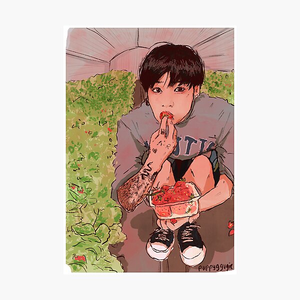 Aperçu de l'œuvre Jungkook cueillant des fraises ! fanart créée et vendue par puppyggugie.