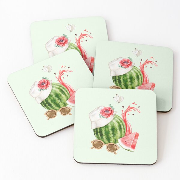 Item preview, Watercolor illustration of a whole watermelon and slice with splash, summer panama hat, red poppy and delicate white butterfly on white background. designed and sold by eves_aquadreams.