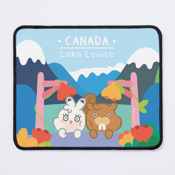 Item preview, Canada Travel Art Print – Lake Louise Scenies World with Cute Cartoon Beaver & Rabbit designed and sold by BuBooArt.