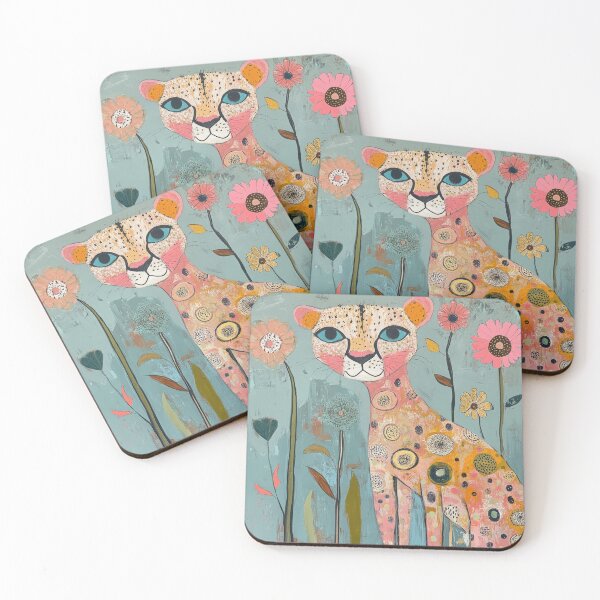Item preview, Abstract of a Pink Patterned Panther in Flower Garden on Light Blue Background designed and sold by dawnleblanc55.