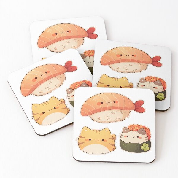 Item preview, Kawaii Sushi Cat Trio – Salmon, Tabby, and Ikura Roll designed and sold by luminumance.