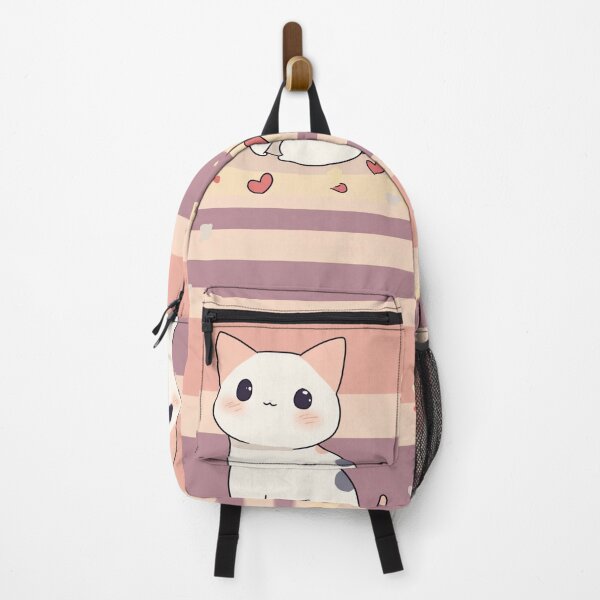 Item preview, Kawaii Blushing Cat with Hearts – Cute Pastel Striped Background designed and sold by PaintbrushPlace.