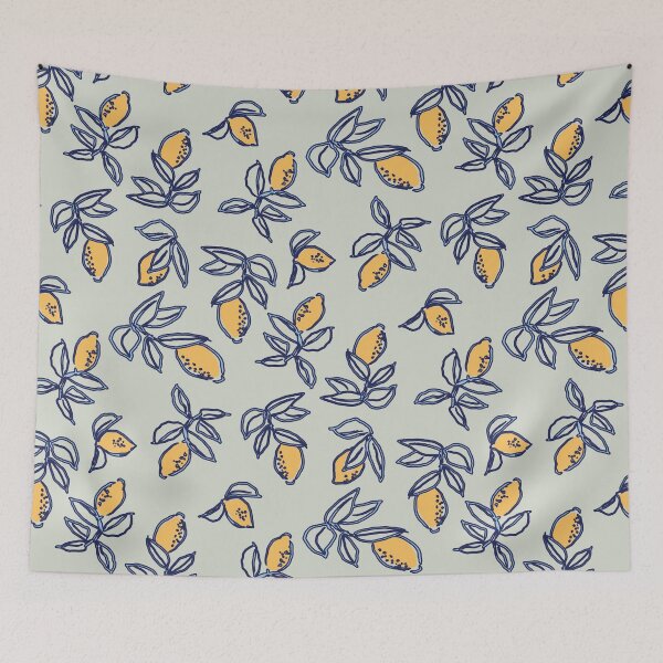 Item preview, Tossed lemons and leaves repeat pattern on sage green designed and sold by RRuffieuxStudio.