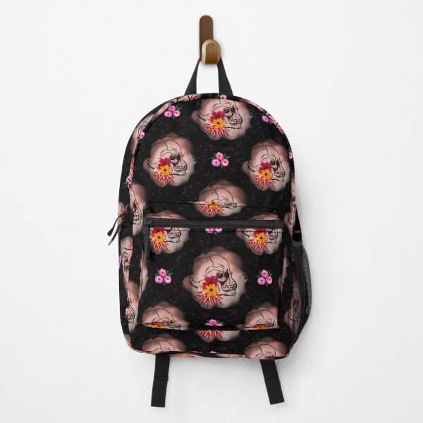 Item preview, Watercolor Skull and Flowers Pattern on Neon Black Background designed and sold by Vívian Creative Studio.