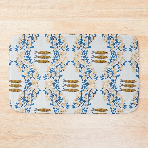 Item preview, Yellow Sardines and blue trailing floral pattern designed and sold by RRuffieuxStudio.