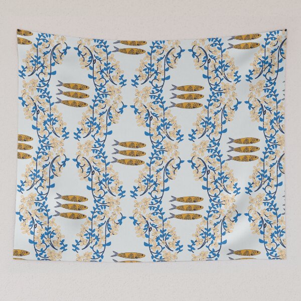 Item preview, Yellow Sardines and blue trailing floral pattern designed and sold by RRuffieuxStudio.