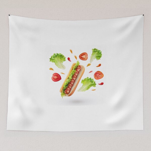 Item preview, Delicious Hot Dog with Lettuce Tomatoes and Ketchup in mid air Splashing Ingredients designed and sold by platobanpo.