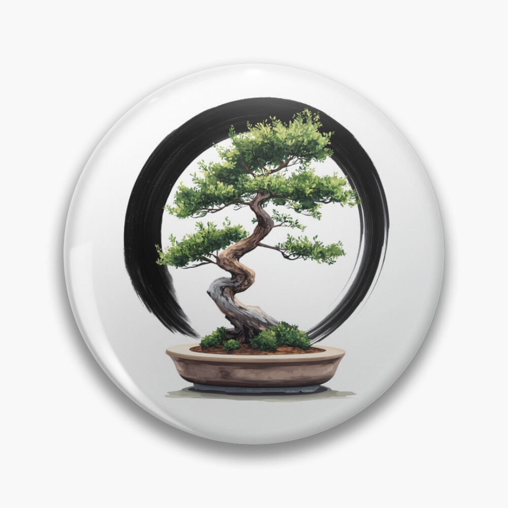 Pin Big Bonsai with Zen Ensō Circle & Kanji Art
