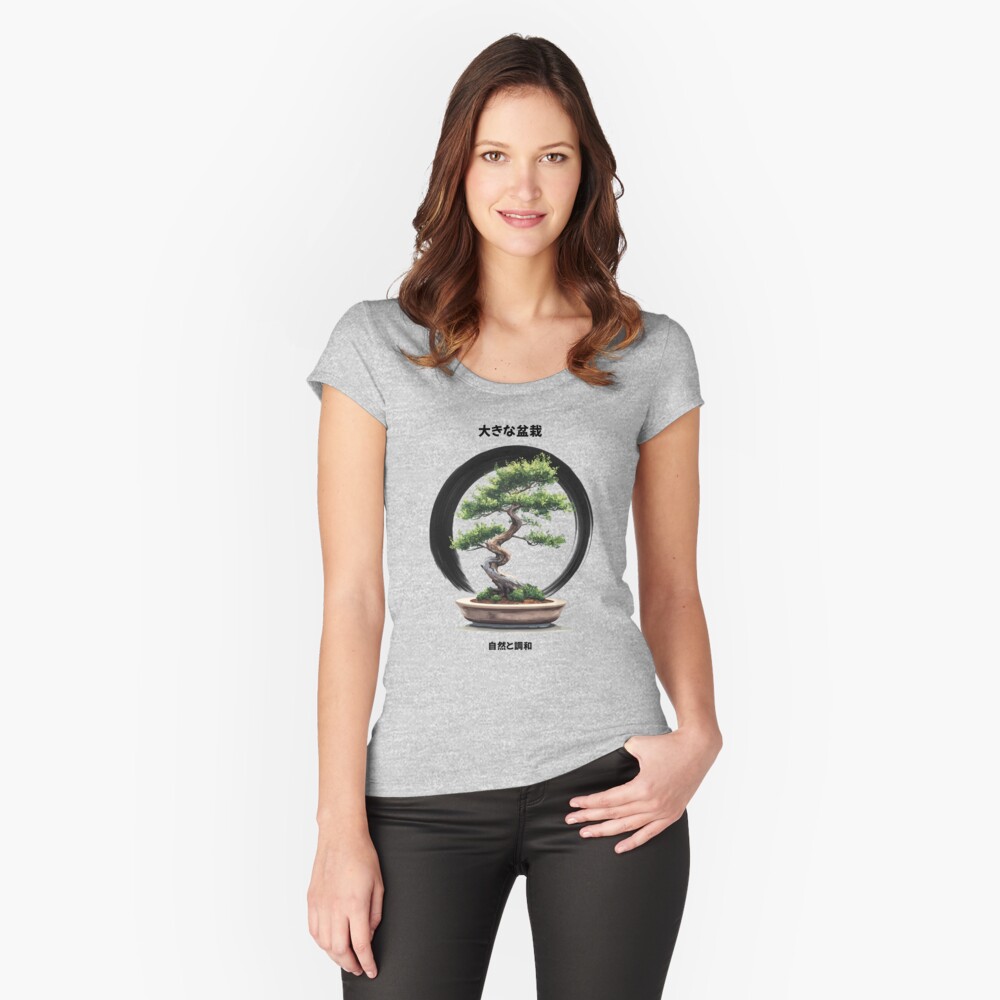 Fitted Scoop T-Shirt Big Bonsai with Zen Enso Circle & Kanji Art