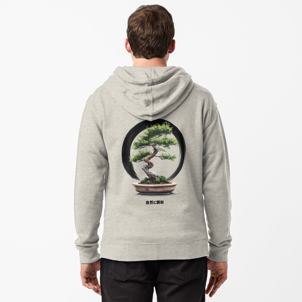 Zipped Hoodie — Big Bonsai with Zen Ensō Circle & Kanji Art