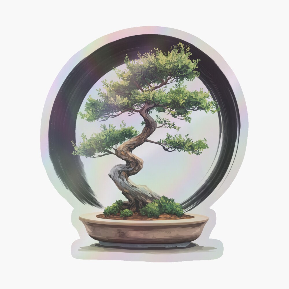 Bonsai with Enso Circle and Kanji