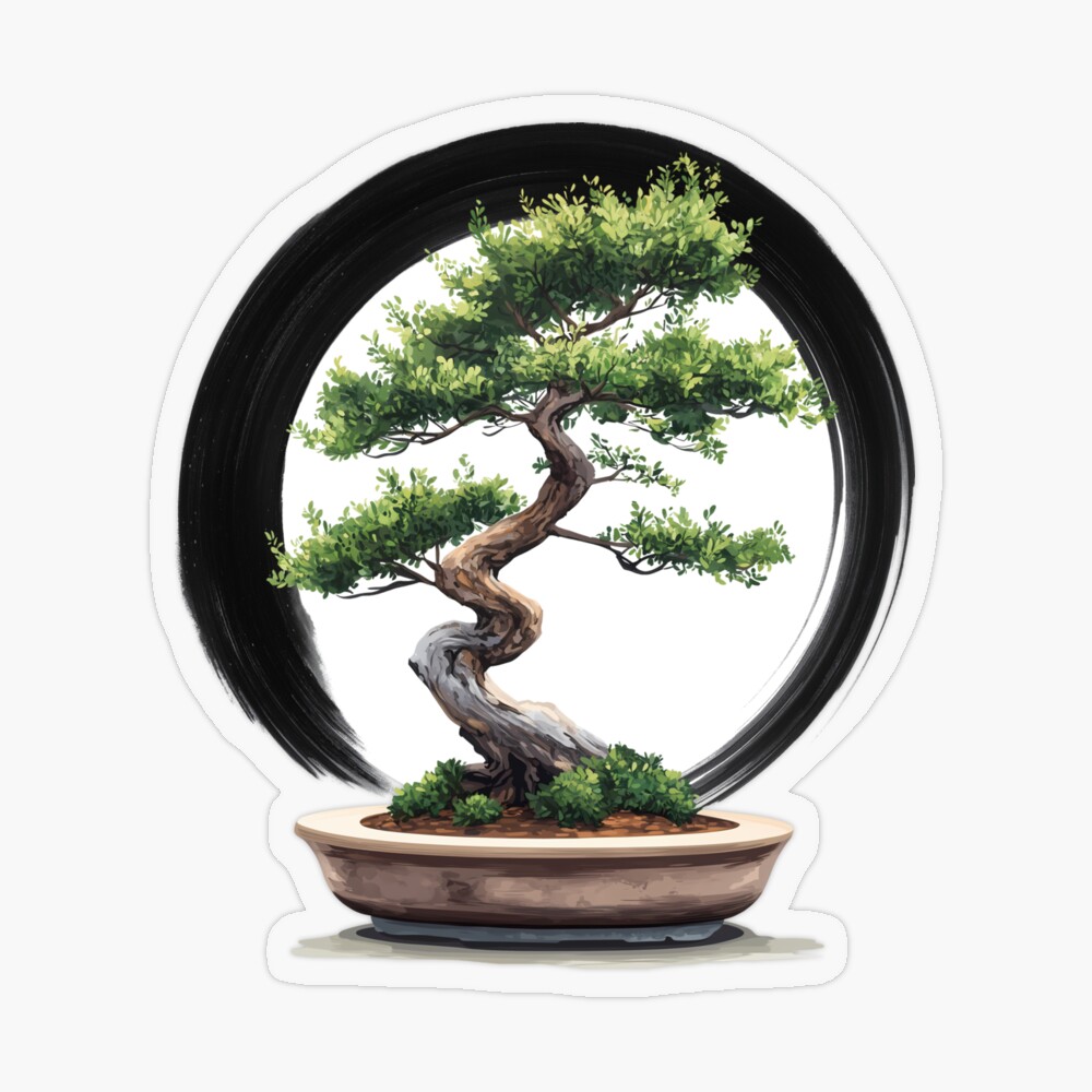 Transparent Sticker: Big Bonsai with Zen Enso Circle & Kanji Art