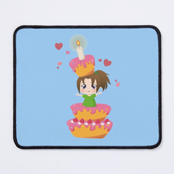 Artikelvorschau, Herzlichen Glückwunsch zum Geburtstag mit Mädchen im Chibi-Stil mit braunen Haaren und hellen Augen mit Pferdeschwanz und grünem T-Shirt, das aus einem Kuchen mit einer brennenden Kerze kommt entworfen und verkauft von Martapp.