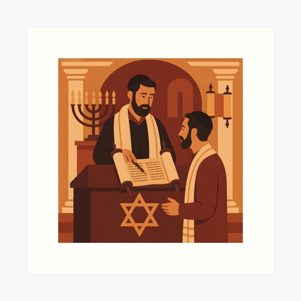 Item preview, Jewish Torah Study Poster – Synagogue Scene with Menorah & Star of David | Hebrew Heritage Wall Art designed and sold by AbstractAuraArt.