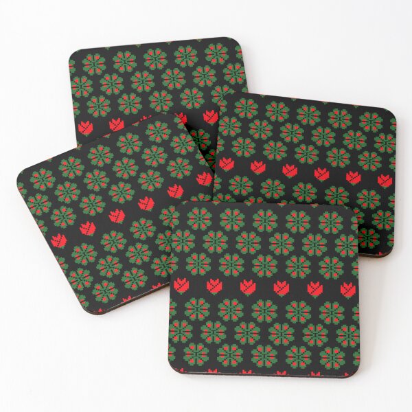 Item preview, Pixel Art Floral Tribal Seamless Pattern – Red & Green on Black designed and sold by SabaiThreads.