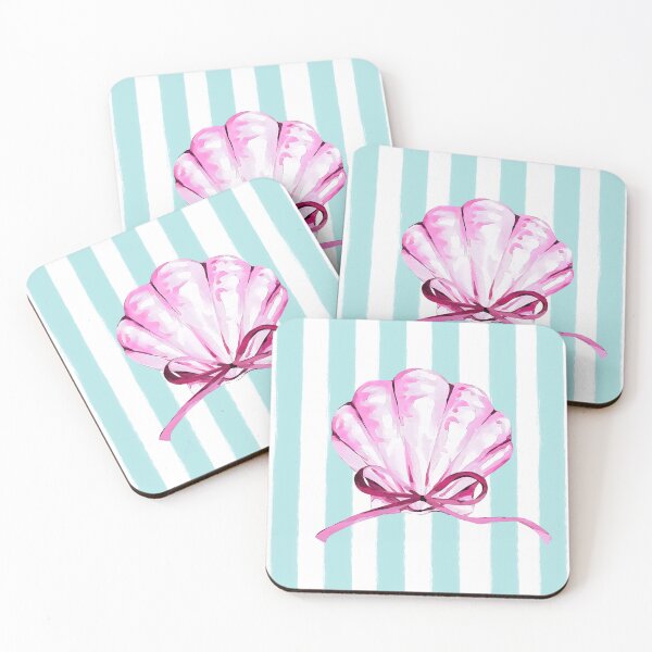 Item preview, Pink Seashell with Bow on Blue Stripes | Summer Coastal Cutie designed and sold by Ela-graphicwiz.
