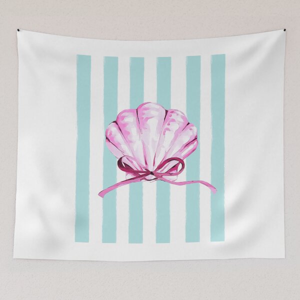 Item preview, Pink Seashell with Bow on Blue Stripes | Summer Coastal Cutie designed and sold by Ela-graphicwiz.
