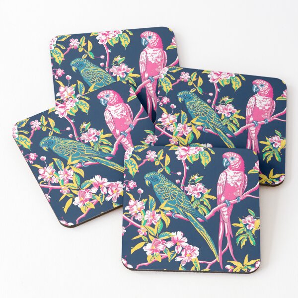 Item preview, Pink and green parrots in night chinoiserie garden  designed and sold by SophieClimaArt.