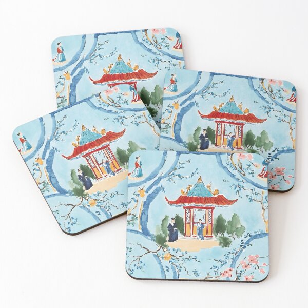 Item preview, Chinoiserie court figures, pagodas, garden watercolor designed and sold by SophieClimaArt.