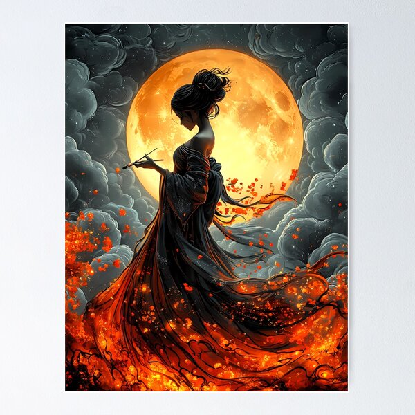 Item preview, Moon Priestess with Fiery Brush – Japanese Fantasy Art Under Full Moon designed and sold by AP_1979.