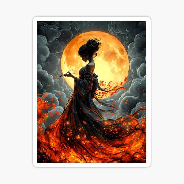 Item preview, Moon Priestess with Fiery Brush – Japanese Fantasy Art Under Full Moon designed and sold by AP_1979.