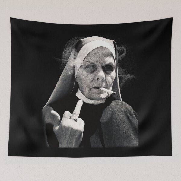 Item preview, Rebellious Nun Smoking and Flipping Off – Funny Anti-Authority Design designed and sold by DrawHandArt.