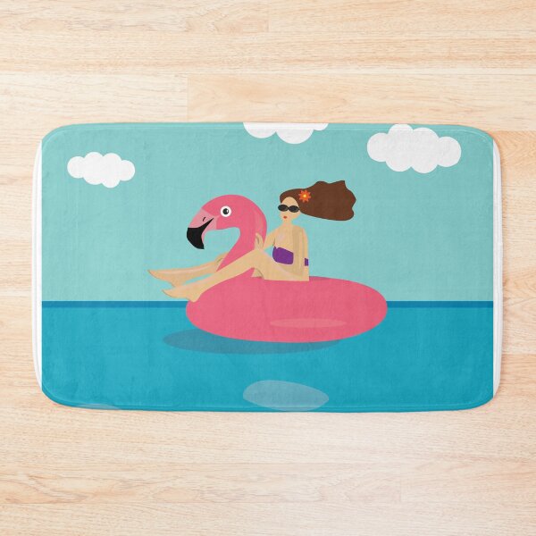 Item preview, Beautiful woman swimming on an inflatable ring with pink flamingos. Flat vector illustration. designed and sold by OlhaBondarenko.