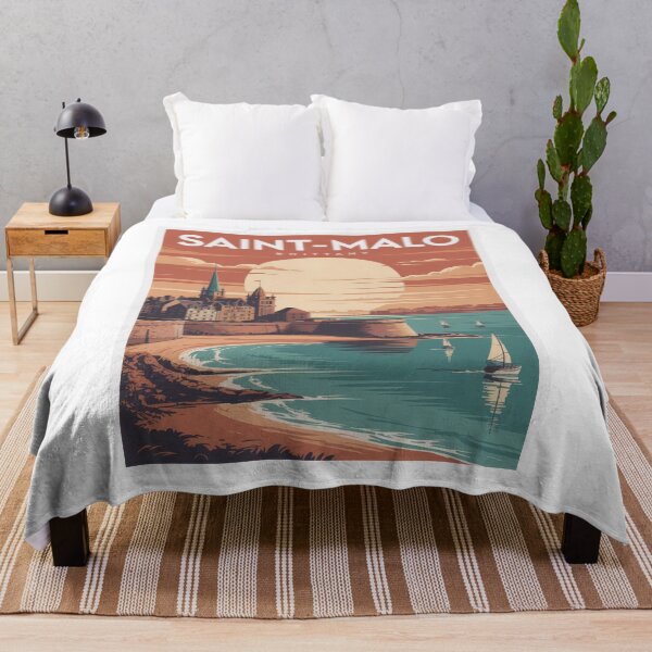 Item preview, Saint-Malo Brittany coastal landscape – retro vintage poster with beach, sailboats and old town designed and sold by pod24.