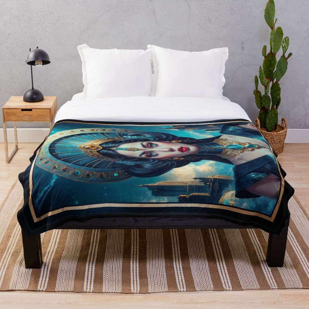 Celestial Portrait Of Aveline Aeraviel Amidst A Starlit Cityscape Striking AI Concept Art by Xzendor7 Decorative Art Print Throw Blanket