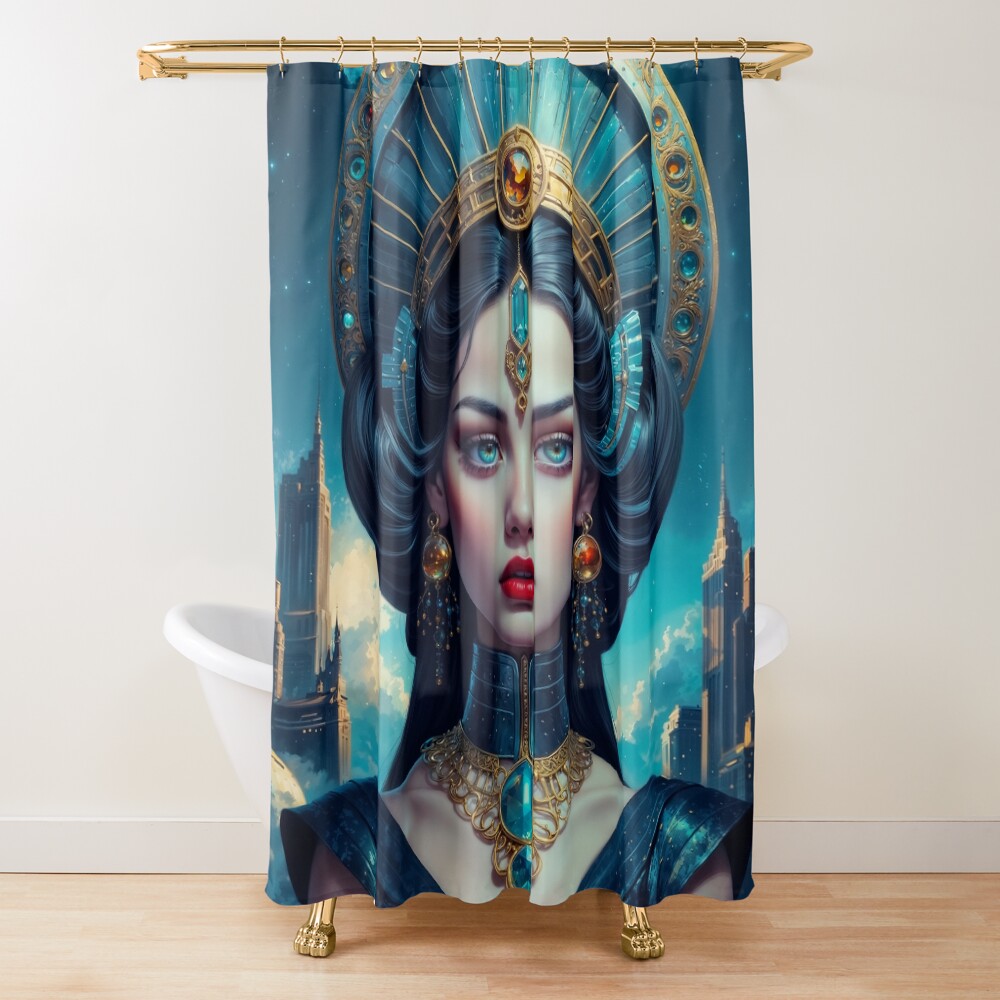 Celestial Portrait Of Aveline Aeraviel Amidst A Starlit Cityscape Striking AI Concept Art by Xzendor7 Decorative Art Print Shower Curtain
