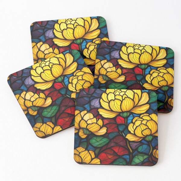 Item preview, Stained Glass Peonies — Bright Yellow Blooms in a Colorful Mosaic Design designed and sold by ArtiQreate.