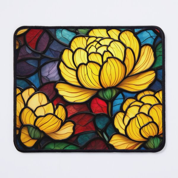 Item preview, Stained Glass Peonies — Bright Yellow Blooms in a Colorful Mosaic Design designed and sold by ArtiQreate.