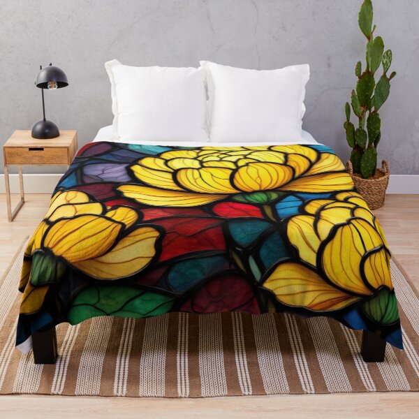 Item preview, Stained Glass Peonies — Bright Yellow Blooms in a Colorful Mosaic Design designed and sold by ArtiQreate.