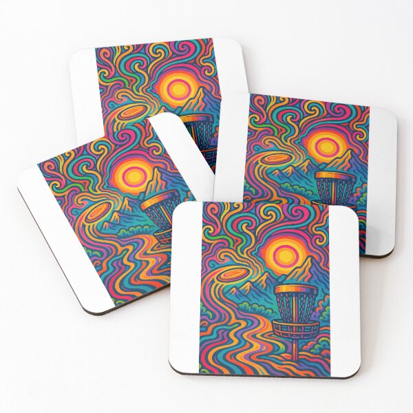 Item preview, Psychedelic Disc Golf Mountain Sunset – Trippy Chain Basket Art designed and sold by Sketchy Graphics.