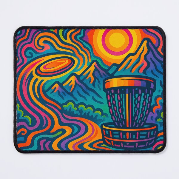 Item preview, Psychedelic Disc Golf Mountain Sunset – Trippy Chain Basket Art designed and sold by Sketchy Graphics.