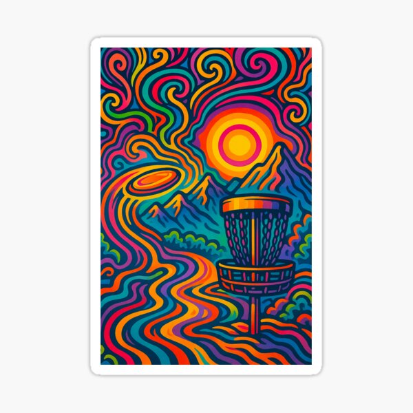 Item preview, Psychedelic Disc Golf Mountain Sunset – Trippy Chain Basket Art designed and sold by Sketchy Graphics.
