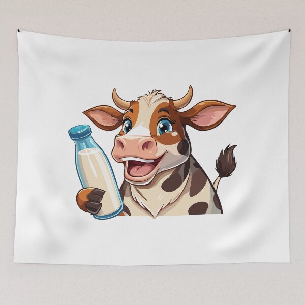 Item preview, Cartoon happy cow holding a bottle of milk, Cheerful cow with a bottle of milk, Farm, cow with horns watching you curiously, Farming cattle animal, sketch for milk diary and beef products designed and sold by Danler.