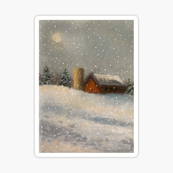 Vista previa del artículo con la obra «Granero rojo en la nieve invernal, al final de la tarde, escena serena, pintura», diseñado y vendido por JoyfulWhimsy.
