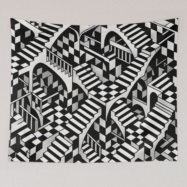 Item preview, Chess Pattern Impossible Architecture | Black & White Optical Illusion Art in Escher Style designed and sold by WAUZ.