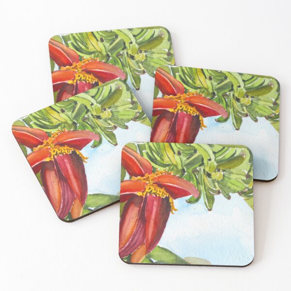 Item preview, Tropical Vitality – Banana Plant with Green Fruit & Red Flower Watercolor designed and sold by PinkRhinoArt.