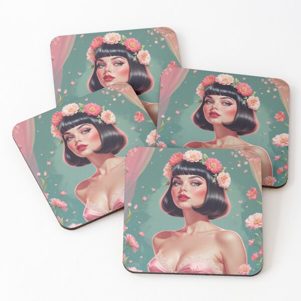 Item preview, Brunette Pin-Up Bob Hair with bangs Pink Flowers designed and sold by elissiart.