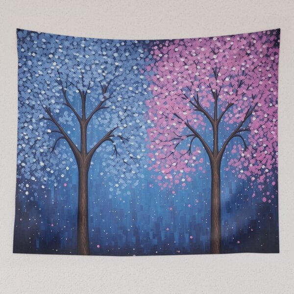Aperçu de l'œuvre Arbres en fleurs roses et bleues la nuit – Art abstrait de la nature rêveuse créée et vendue par PaintbrushPlace.