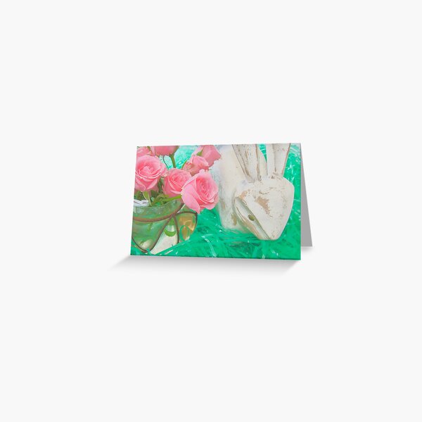 Rustic Wooden Bunny & Pink Roses Photo Greeting Card