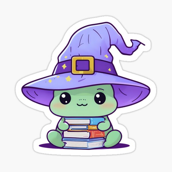 Artikel-Vorschau von Hexenfrosch mit Bücherstapel – Süßer Cottagecore-Leseraufkleber, designt und verkauft von Lilywitch Studio.