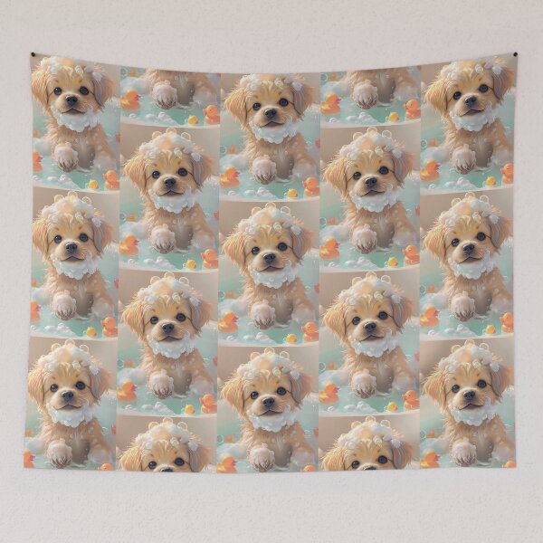 Item preview, Light Brown Puppy Relaxing In Bubble-Filled Bathtub designed and sold by ZenBuddhaBaby.