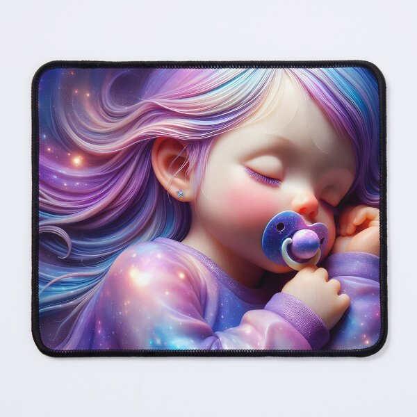 Artikelvorschau, Cosmic Dreams – Baby Mädchen mit wallendem Haar schläft mit Schnuller entworfen und verkauft von EmeraldeaArt.