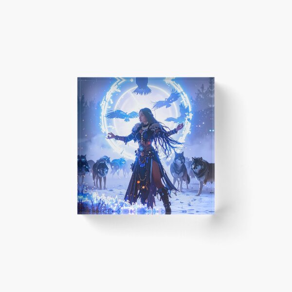 Item preview, Mooncaller – Spirit warrior with wolves and a glowing circle of ravens designed and sold by Hamdy est 1985.