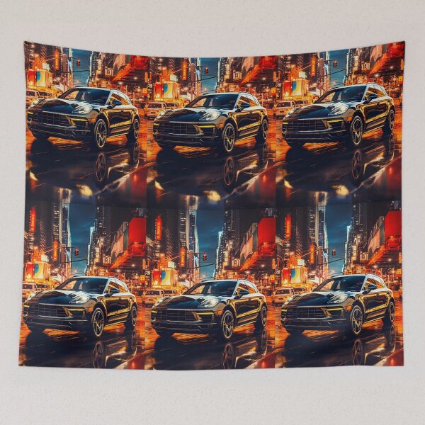 Aperçu de l'œuvre Un SUV élégant entouré de reflets colorés de la ville la nuit créée et vendue par RevUpDesign.