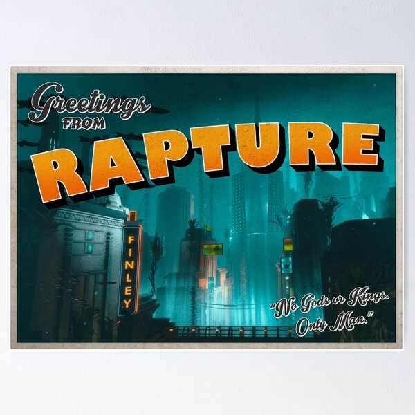 Vista previa del artículo con la obra «Postal vintage/retro con diseño desgastado inspirado en Bioshock "Saludos desde Rapture"», diseñado y vendido por Mercy Apparel.